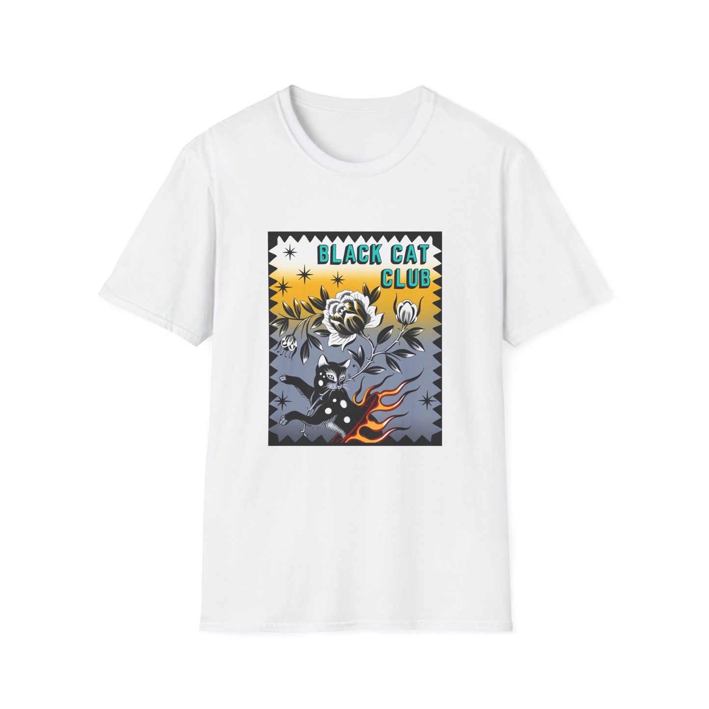 Black Cat Club Graphic T-Shirt — Retro Halloween Rose & Bats Tee