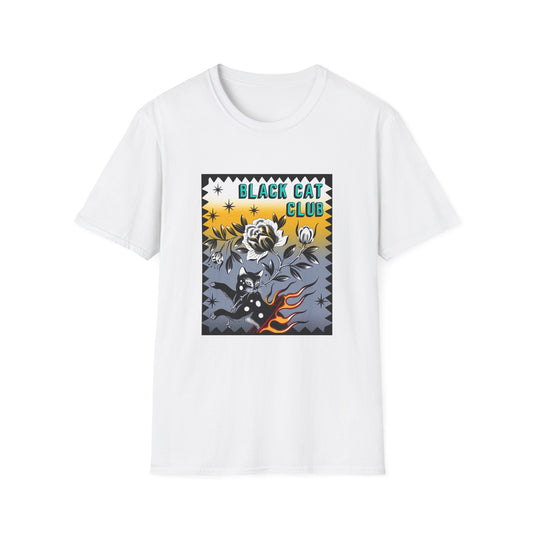 Black Cat Club Graphic T-Shirt — Retro Halloween Rose & Bats Tee